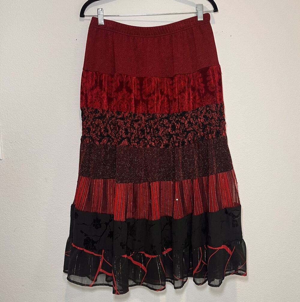 Coldwater Creek Maxi Skirt Petite Size L PL Red Black Tiered Pattern Whimsigoth